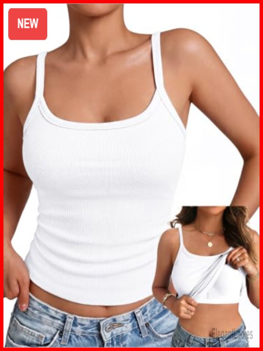 Women's Built in Bra Tank Top Ribbed Scoop Neck Sleeveless Padded Cami Shirt